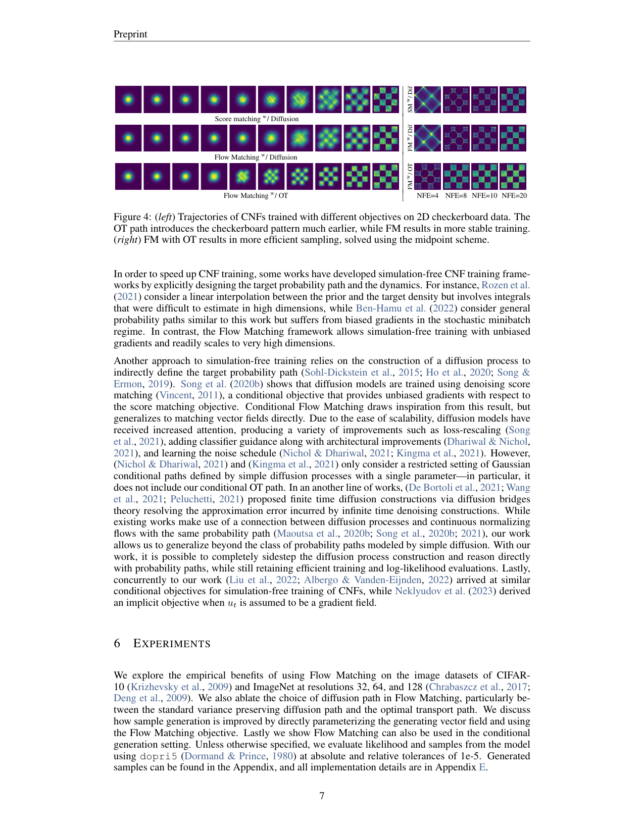 图 4:2D checkerboard 轨迹 + 低步数采样(NFE=4/8/10/20)