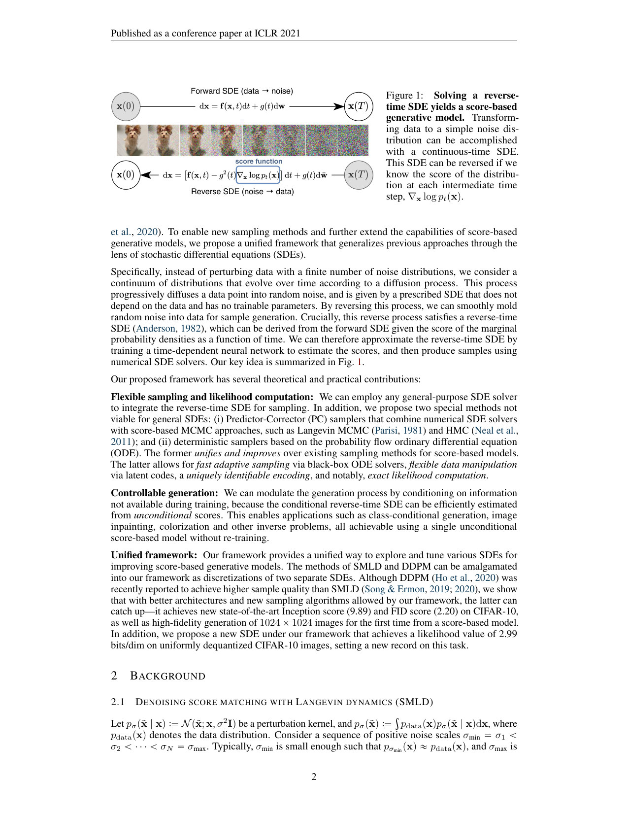 Figure 1：正向 SDE 把数据扩散成噪声，逆向 SDE 依赖 score 把噪声还原成数据