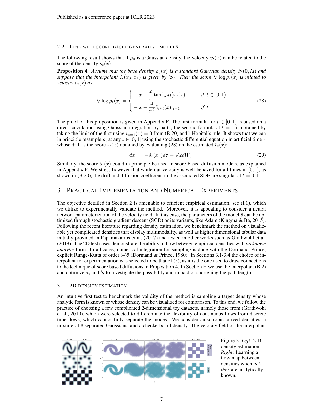 Figure 2：左列 2D 密度估计（学到的流 vs 真实密度）；右列 swirl↔checkerboard 数据集间插值的 5 时刻快照