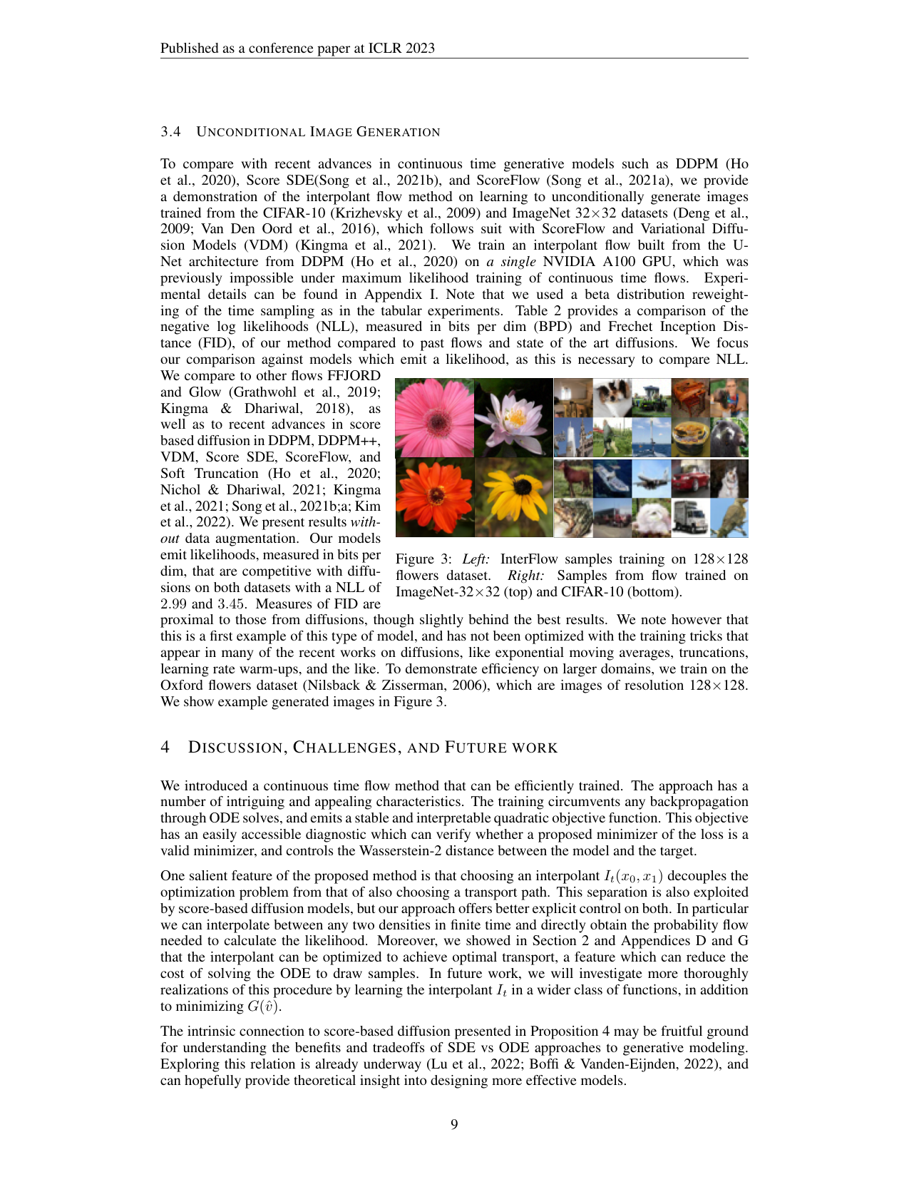 Figure 3：左为 128×128 Oxford Flowers 样本，右为 ImageNet-32（上）与 CIFAR-10（下）样本